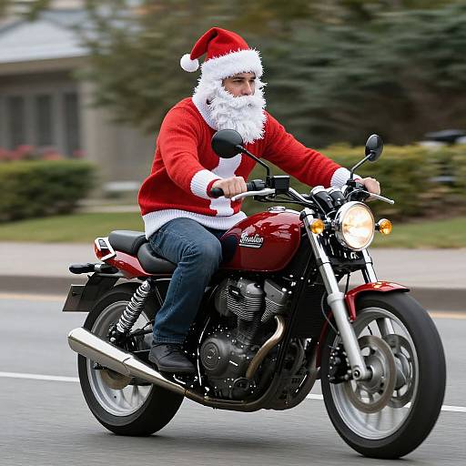 Photograph of a man with a white beard and red Santa suit riding a maroon motorcycle on a suburban street.