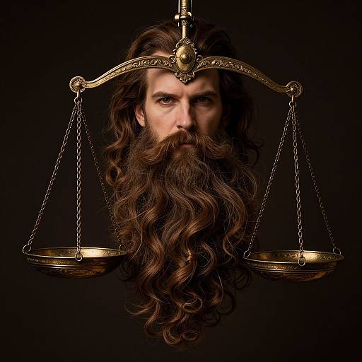 Photograph of a serious-faced man with a long, wavy brown beard, framed by a golden balance scale, against a black background.