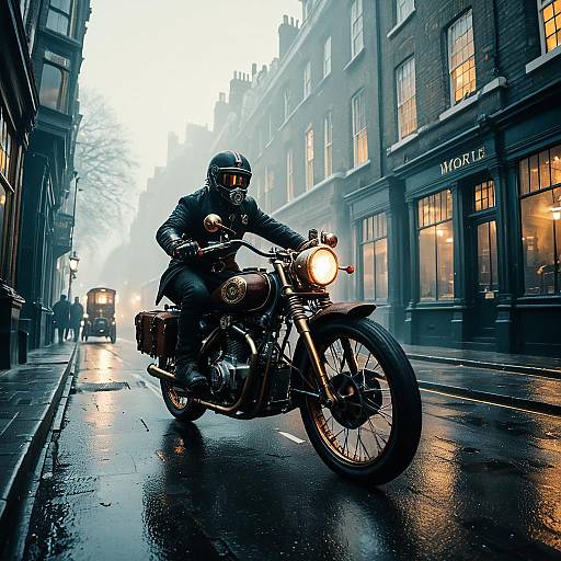 Steampunk Motorcycle Racing on Foggy Victorian Street