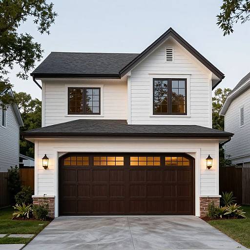Photograph of a modern, two-story white house with black shutters and garage, dark brown double doors, and black roof, set in a suburban