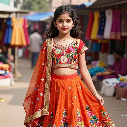Photograph of a young Indian woman with medium brown skin, dark hair, wearing an orange floral embroidered choli and lehenga, standing confidently in a