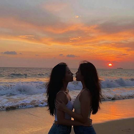 Photograph of two women with long hair, silhouetted against an orange sunset, kissing at the beach with waves in the background.