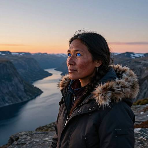Photograph of a Native woman with blue eyes, wearing a brown parka with fur hood, gazing at a fjord during sunset.