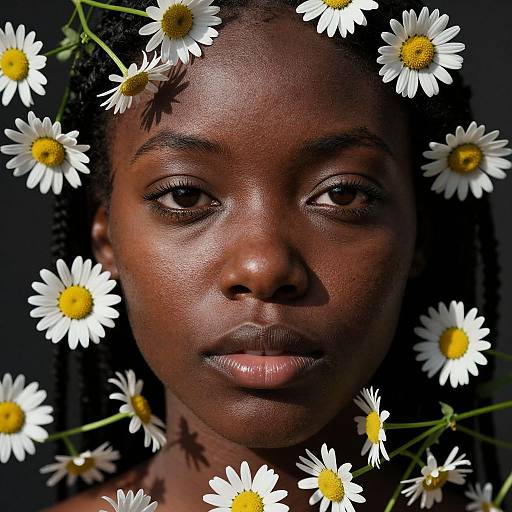 Close-up photograph of a dark-skinned woman with braided hair, surrounded by white daisies with yellow centers against a dark background.