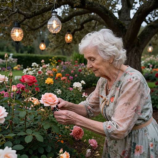 Photograph of an elderly white woman with short white hair, wearing a floral dress, gently touching a red rose in a vibrant garden, illuminated by hanging