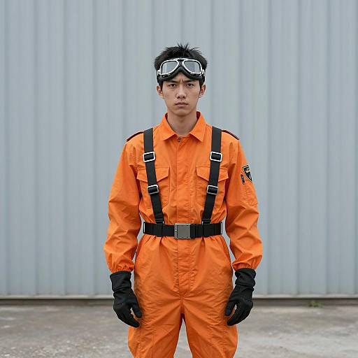 Young Man in Orange Pilot Outfit