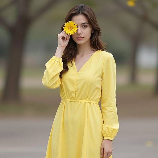 Photograph of a young woman with long brown hair, wearing a yellow long-sleeve dress, holding a sunflower to her face in a park