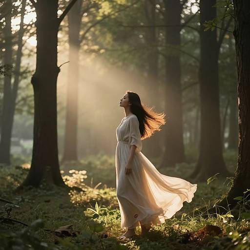 Photograph of a woman in a flowing white dress, standing in a sunlit forest, with sunlight streaming through trees, her dark hair gently blowing in