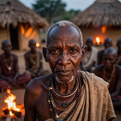 Photograph of an elderly African man with wrinkled skin, dark brown complexion, short gray hair, wearing bead necklaces and a cloth, sitting in