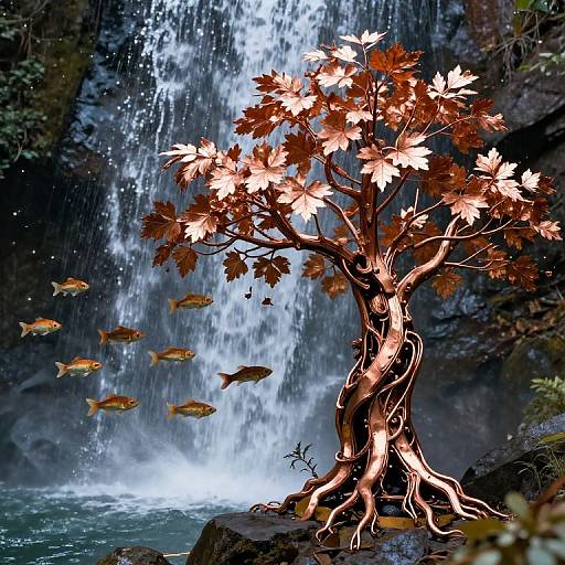 Digital artwork of a glowing autumn tree with orange leaves, rooted in a rocky stream, beside a cascading waterfall, with five fish swimming nearby.