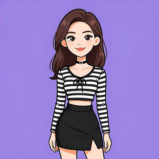 Digital anime-style drawing of a smiling young woman with long brown hair, wearing a black and white striped crop top and black skirt, against a solid purple