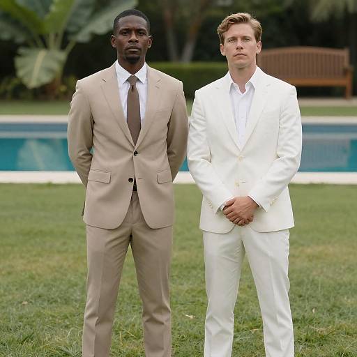 Two Men in Suits Standing Outdoors