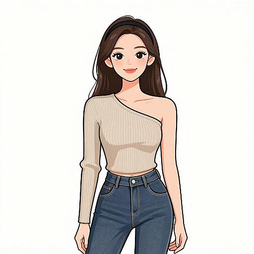 Digital anime-style illustration of a smiling young woman with long brown hair, wearing a white one-shoulder top and blue jeans.