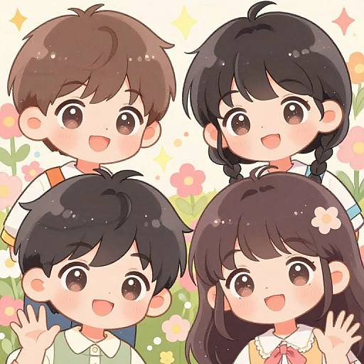 Cute anime-style digital illustration of four children with large, sparkling eyes and smiles, surrounded by colorful flowers. Two boys and two girls, all with