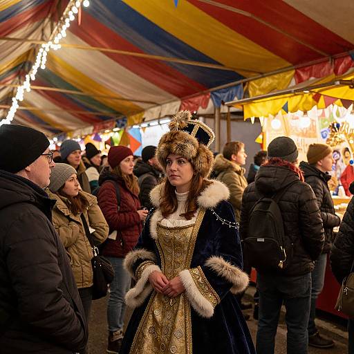 Photograph of a medieval-costumed woman with ornate headdress and fur-trimmed black cloak, standing in a colorful, busy outdoor market with