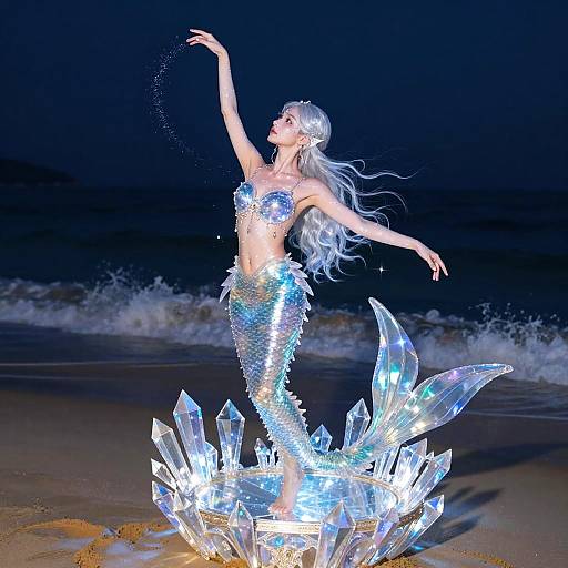 Digital art: Glittering mermaid with long silver hair, shimmering tail, and crystal tail fin, dancing on a moonlit beach, arms