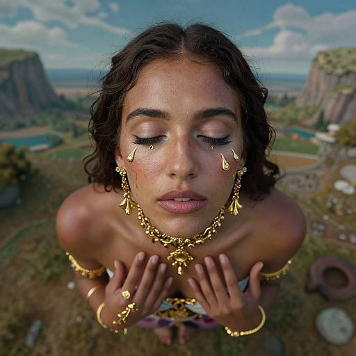 Photograph of a topless, dark-haired woman with gold accessories and teardrop face paint, eyes closed, set against a scenic, mountainous