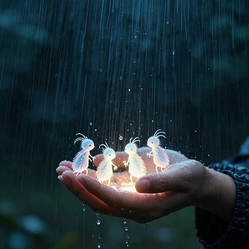Photograph of a hand in rain, glowing white fairy-like creatures surrounding a bright, illuminated center, dark blurred background.