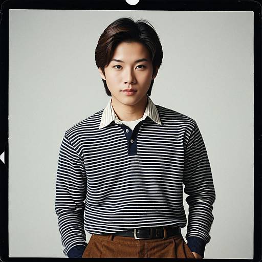 Preppy Asian Man in Striped Sweater