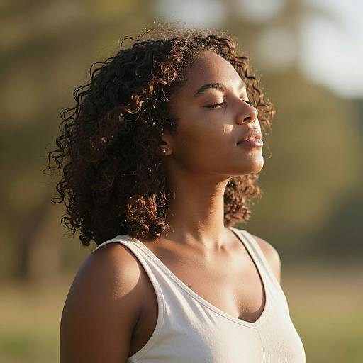 Photograph of a beautiful Black woman with curly hair, closed eyes, and serene expression, wearing a white tank top, basking in sunlight in a
