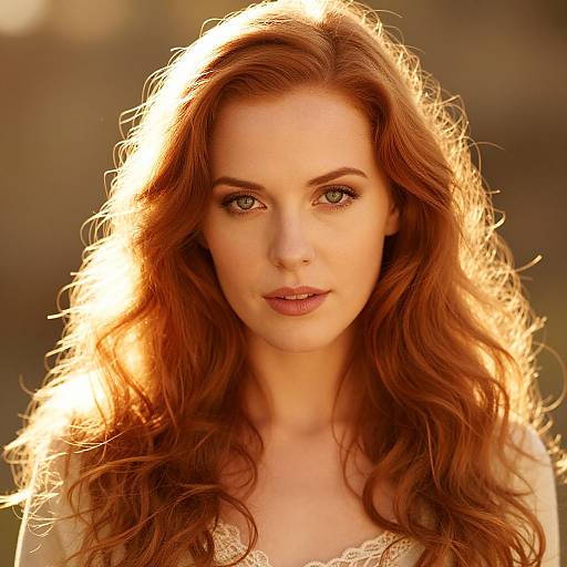 Photograph of a fair-skinned, red-haired woman with wavy hair glowing in sunlight, wearing a white lace top, with a softly blurred brown