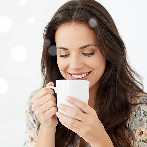 Photograph of a smiling young woman with long dark hair, holding a white cup, wearing a floral shirt, against a bright white background.