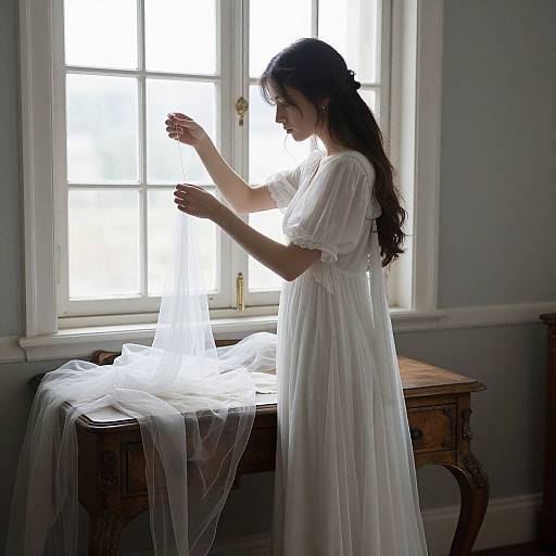 Photograph of a long-haired woman in a white, sheer dress, standing by a wooden table with draped fabric, illuminated by sunlight from a window in