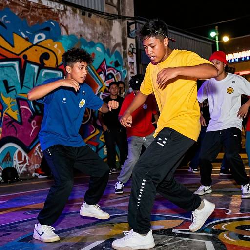 Nighttime street dance performance: Two young men in yellow and blue shirts, black pants, and white sneakers dance energetically in front of colorful graffiti