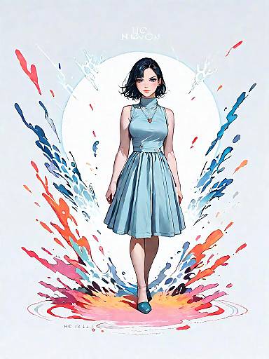 Stylish Woman in Navy Blue Dress with Abstract Splash Background