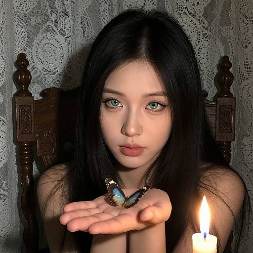 Photograph of a young Asian woman with long black hair, green eyes, holding a butterfly on her outstretched hand, candlelight illuminating her