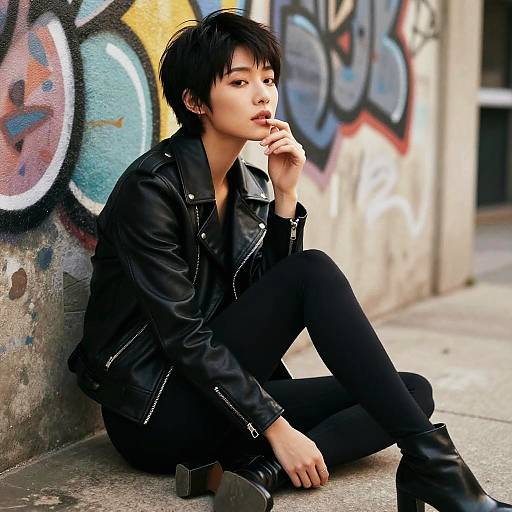 Photograph of an Asian man with short black hair, wearing a black leather jacket, black pants, and boots, sitting against a graffiti-covered wall,