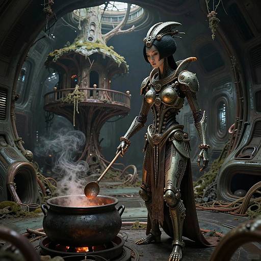 Biopunk Shaman Geisha in Alien Spaceship