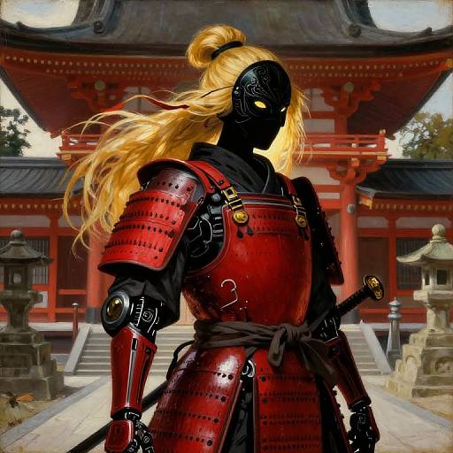 Digital artwork of a samurai with black mask and glowing yellow eyes, wearing red armor, standing in front of a traditional Japanese temple. Long blonde hair