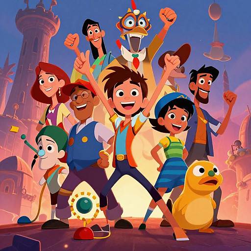 Colorful cartoon group photo of 