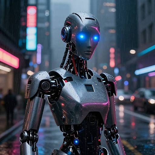 Cybernetic humanoid with glowing blue eyes stands in a neon-lit, rainy city street at night. Photorealistic CGI image.