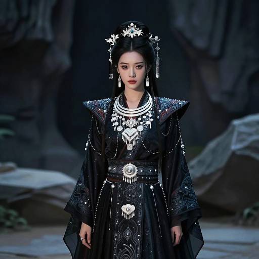 Photograph of an East Asian woman in an elaborate black traditional dress with white intricate patterns, adorned with jewelry, standing in a dark, rocky background.
