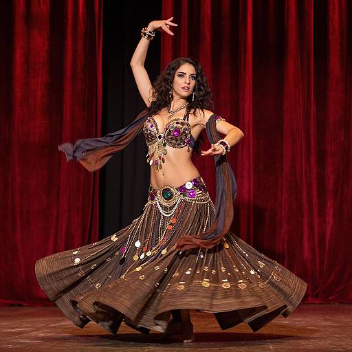 Photograph of a dark-haired woman in a shimmering, belly dancer outfit with sequins and beads, performing against a rich red velvet curtain.