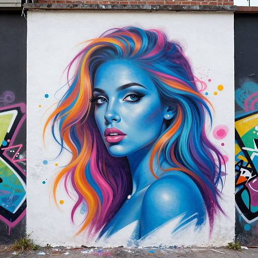 Vibrant graffiti portrait of a blue-skinned woman with colorful, wavy hair, orange, pink, and purple hues, on a white background