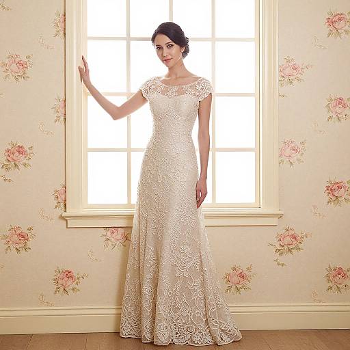 Photograph of a slender, fair-skinned woman with dark hair in an elegant, lace, off-shoulder white wedding dress, standing against a