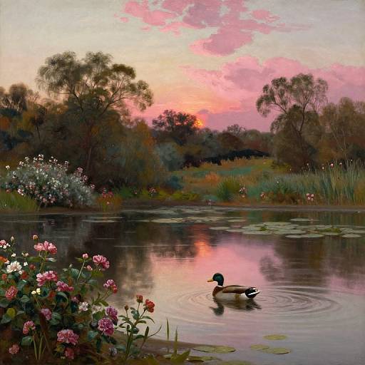 Photorealistic painting of a serene pond at sunset, featuring a duck swimming, pink flowers in the foreground, and a pink and orange sky.