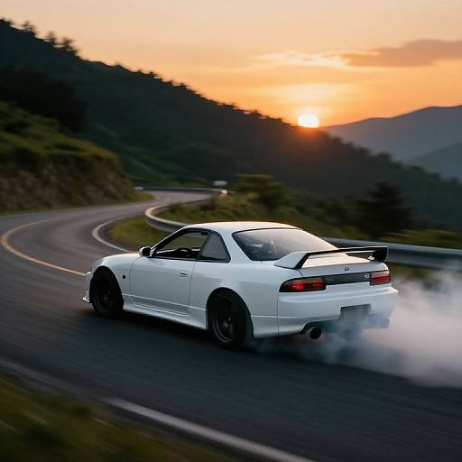 Photograph of a white, high-performance sports car with black rims, driving on a winding mountain road at sunset, emitting smoke from the exhaust.