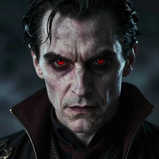 Close-up photograph of a pale-skinned man with dark, slicked-back hair and intense red eyes, wearing a dark, high-collared jacket