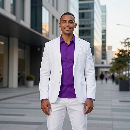 Photograph of a smiling Black man in a white suit, purple shirt, standing in a modern urban street at dusk.