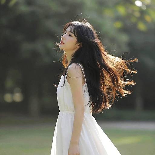 Photograph of an Asian woman with long black hair, wearing a white sleeveless dress, standing in a sunlit park, looking upward, with a
