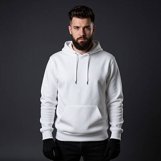 Photograph of a bearded, dark-haired man with a serious expression, wearing a white hoodie, black gloves, and black pants, against a dark