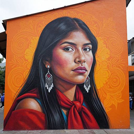 Photograph of a young South Asian woman with long black hair, wearing red scarf and earrings, against an orange, intricate-patterned wall.