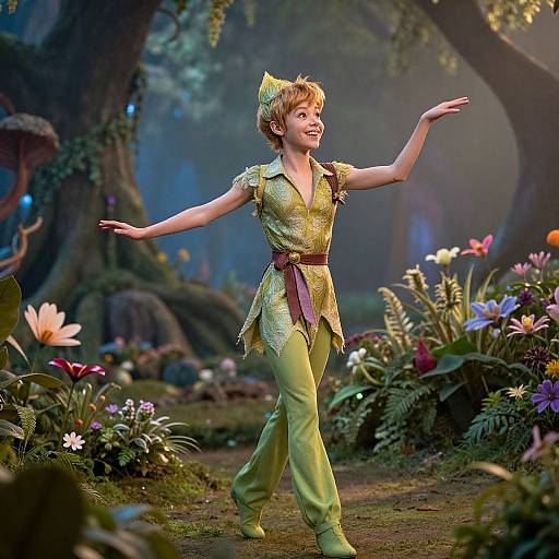 Photograph of a smiling young girl in a green fairy costume, yellow hat, and belt, dancing in a magical, colorful forest with vibrant flowers and