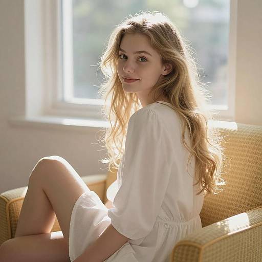 Sunlit Portrait of Woman in White Dress