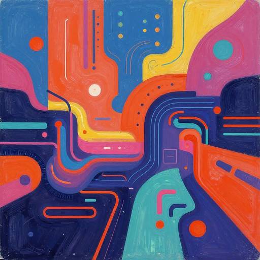 Abstract digital painting with vibrant neon colors: bright red, orange, yellow, blue, and turquoise. Interconnected curved lines and dots create a dynamic,