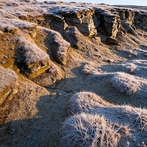 Photograph of sunlit rocky hillside with frost-covered grass, casting sharp shadows, showcasing rugged textures and warm, golden sunlight against cool blue shadows.